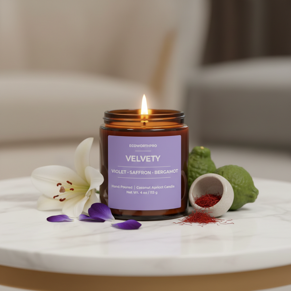 ECOWORTHPRO VELVETY bergamot and violet candle burning with bergamot, saffron, violet flowers and lilies on a white marble table