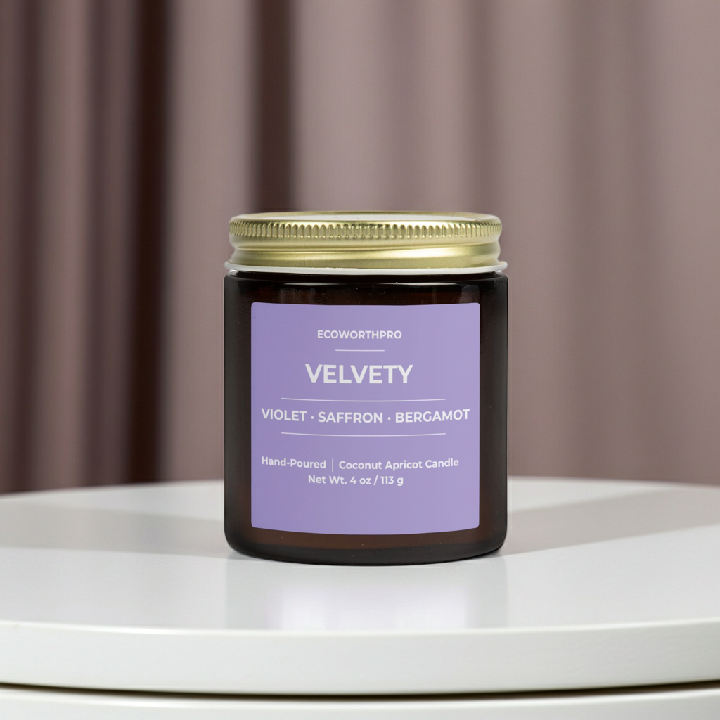 ECOWORTHPRO VELVETY coconut apricot wax mini candle hand-poured luxury candle displayed on a white marble table