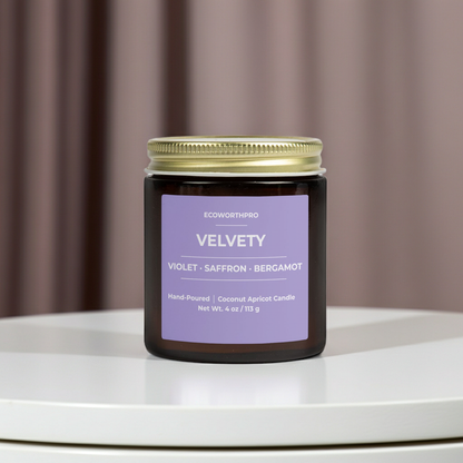 ECOWORTHPRO VELVETY coconut apricot wax mini candle hand-poured luxury candle displayed on a white marble table