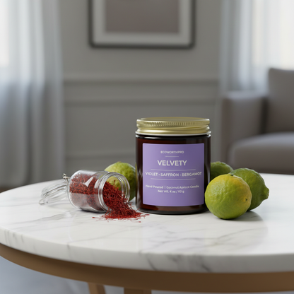 ECOWORTHPRO VELVETY dark musk and vetiver candle beside fresh bergamot with saffron being poured from a glass container onto a white marble table