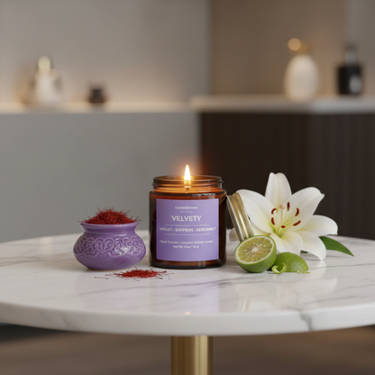 ECOWORTHPRO VELVETY floral scented candle burning beside lilies, bergamot and saffron in a purple container on a white marble table