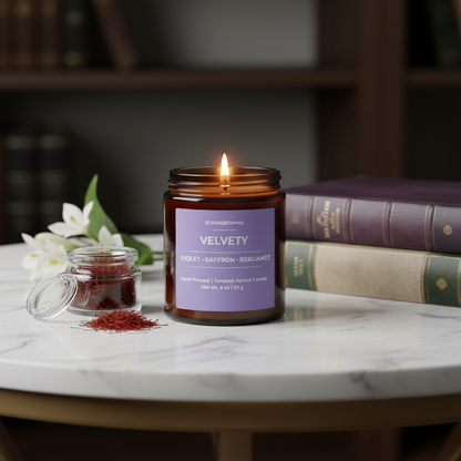 ECOWORTHPRO VELVETY lily and violet scented candle burning beside books, bergamot and saffron in a transparent container on a white marble table
