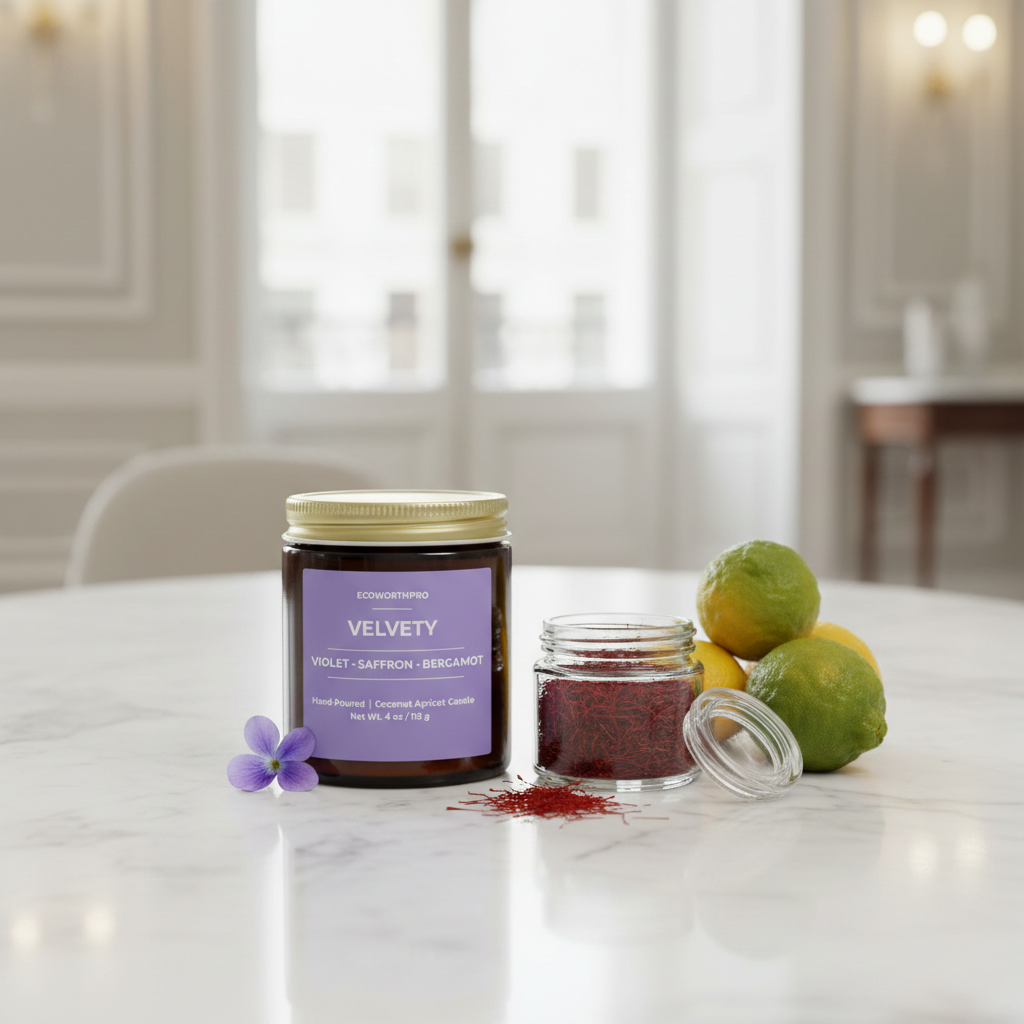 ECOWORTHPRO VELVETY luxury saffron and bergamot candle beside fresh bergamot and a transparent container of saffron on a white marble table