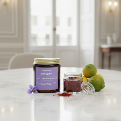 ECOWORTHPRO VELVETY luxury saffron and bergamot candle beside fresh bergamot and a transparent container of saffron on a white marble table