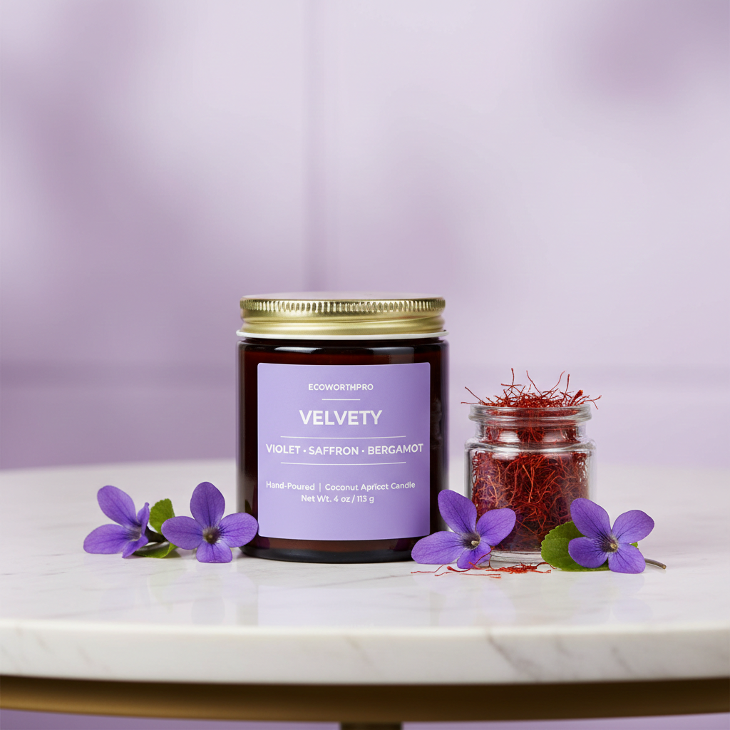 ECOWORTHPRO VELVETY saffron scented candle with saffron and violet on white marble table