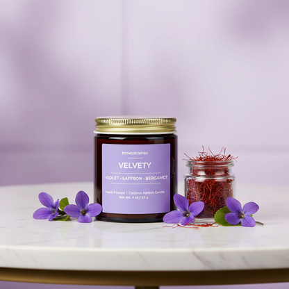 ECOWORTHPRO VELVETY saffron scented candle with saffron and violet on white marble table