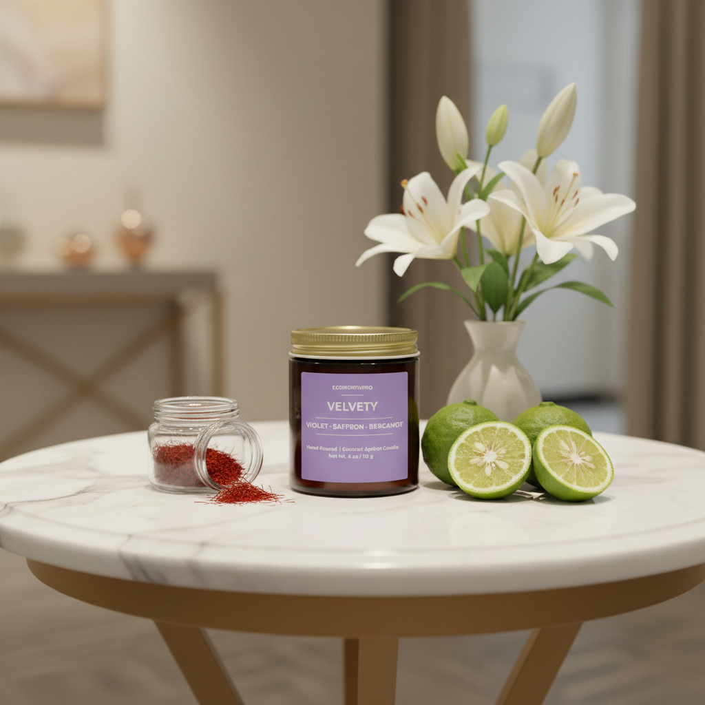 ECOWORTHPRO VELVETY violet saffron and bergamot mini candle, luxury floral mini candle on white marble table with violets and saffron in a glass container