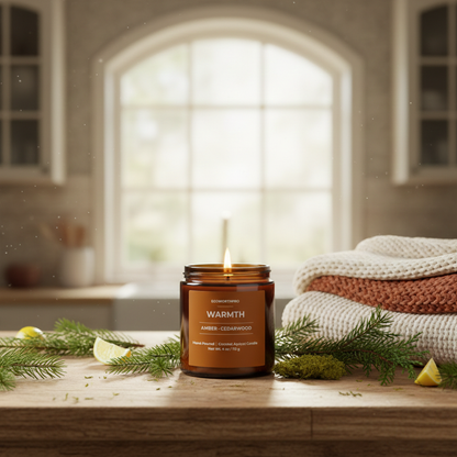 ECOWORTHPRO WARMTH amber and cedarwood mini candle burning on kitchen worktop with lemon cypress fir and cedarwood botanicals