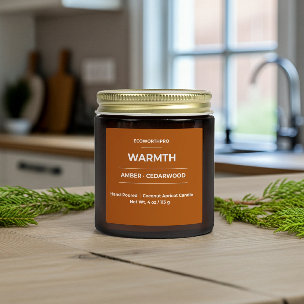 ECOWORTHPRO WARMTH amber and cedarwood mini candle in reusable glass jar with lemon cypress and fir ingredients