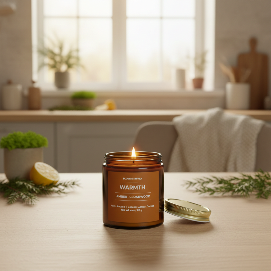 ECOWORTHPRO WARMTH coconut apricot wax candle with lemon cypress and fir elements creating a winter woodland atmosphere