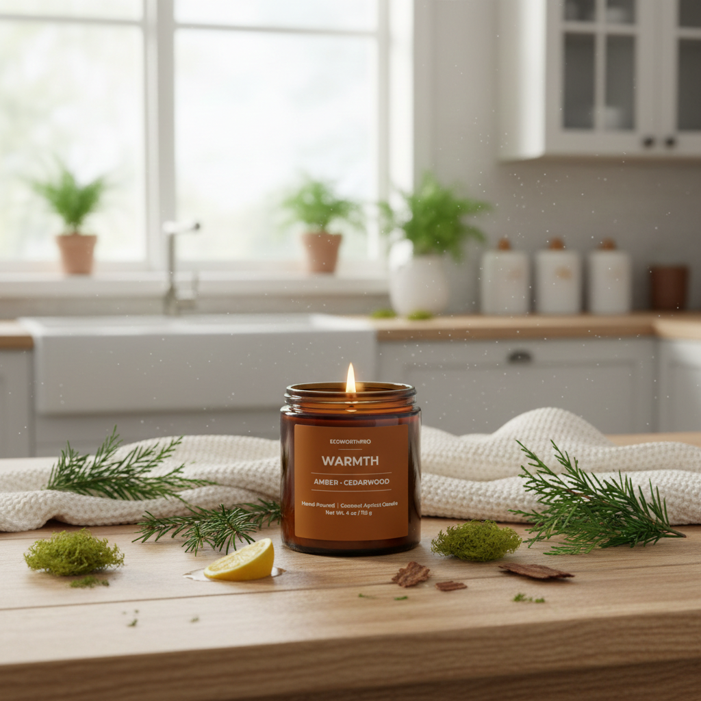 ECOWORTHPRO WARMTH eco-friendly candle glowing beside evergreen branches moss and amber-inspired décor on kitchen counter