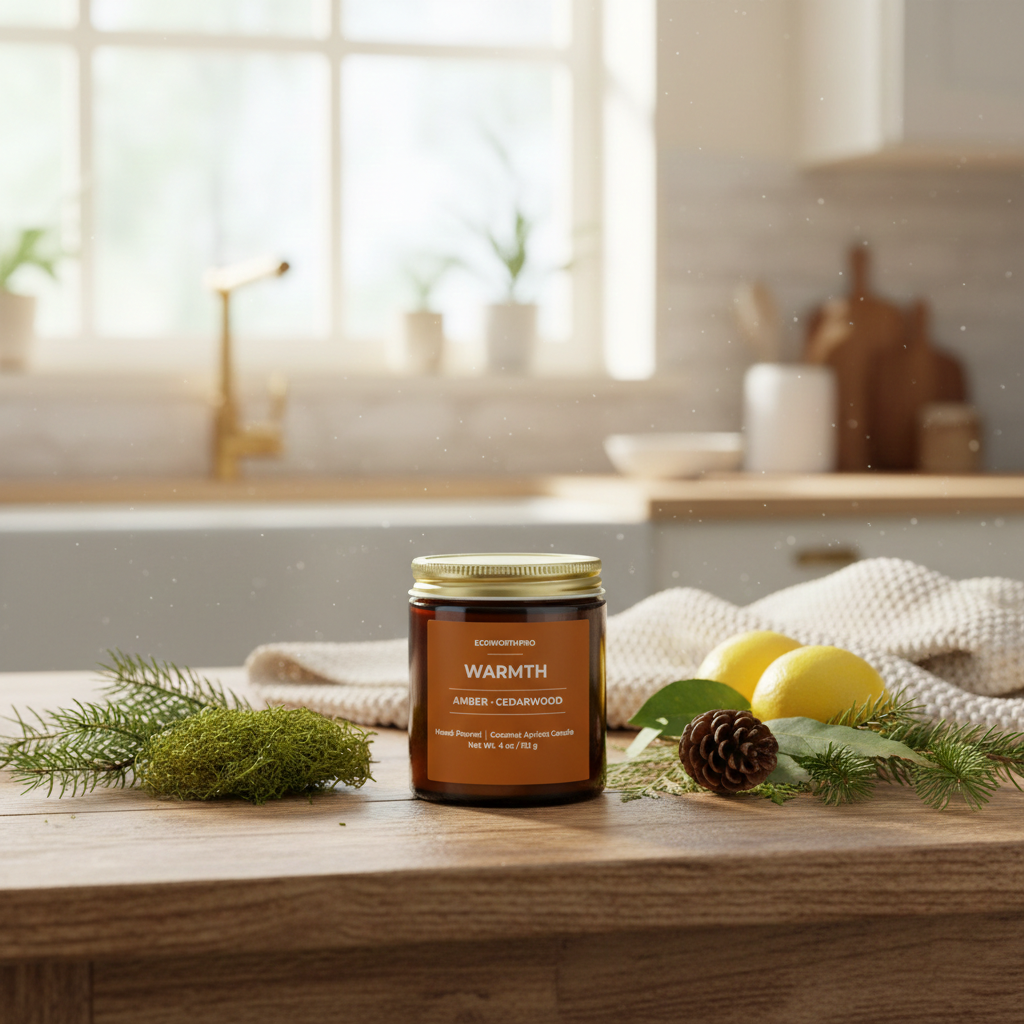 ECOWORTHPRO WARMTH eco-friendly coconut apricot wax candle surrounded by evergreen moss and cedarwood accents