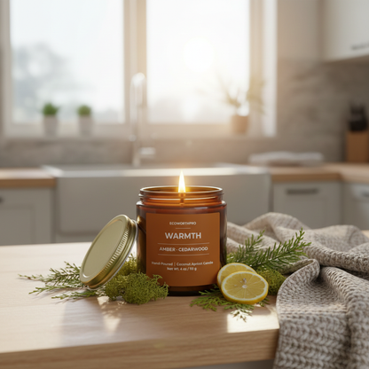 ECOWORTHPRO WARMTH non-toxic amber and cedarwood candle surrounded by fir branches and woodland-inspired ingredients