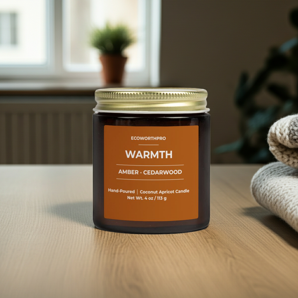 ECOWORTHPRO WARMTH winter scented candle with amber cedarwood on kitchen worktop with blankets