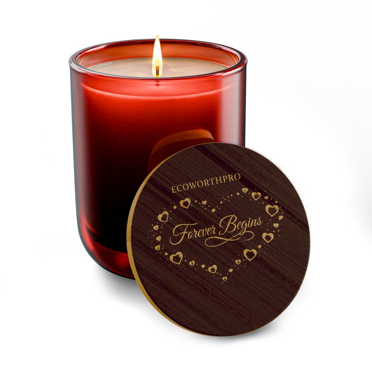 ECOWORTHPRO FOREVER BEGINS wedding candle in a luxury cranberry red glass jar large soy candle 