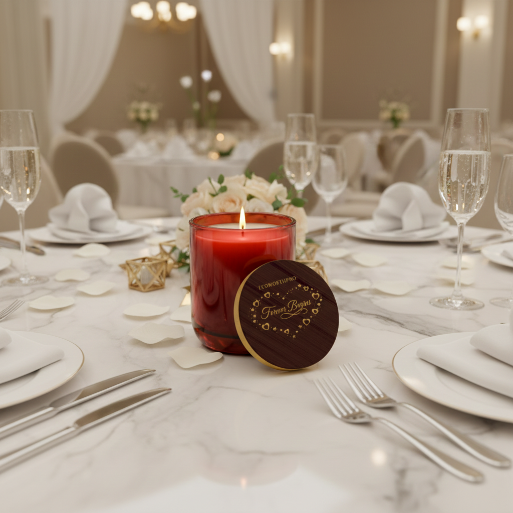 ECOWORTHPRO FOREVER BEGINS wedding candle in a luxury cranberry red glass jar with a grand 90 hour burn time