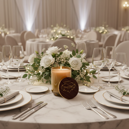 ECOWORTHPRO FOREVER BEGINS clean large soy wedding candle in a warm peach glass jar with a long lasting 90 hour burn