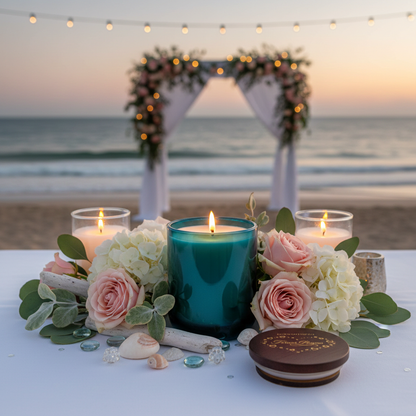 ECOWORTHPRO FOREVER BEGINS sea salt and lily large soy candle 90 hour burning at an elegant seaside wedding 
 