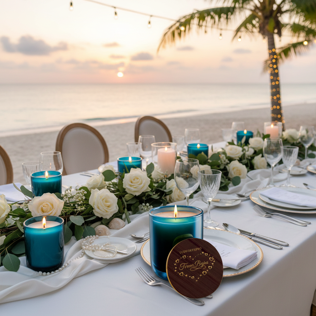 ECOWORTHPRO FOREVER BEGINS 90 hour sea salt and lily large soy candle burning at an elegant seaside wedding reception