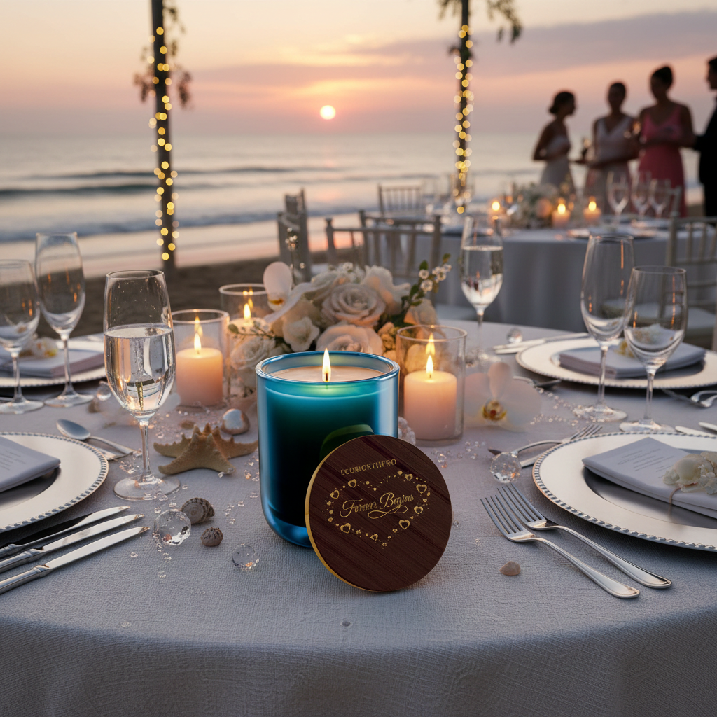 ECOWORTHPRO FOREVER BEGINS 14oz large soy candle 90 hour burning beautifully for a luxury coastal beach wedding centerpiece