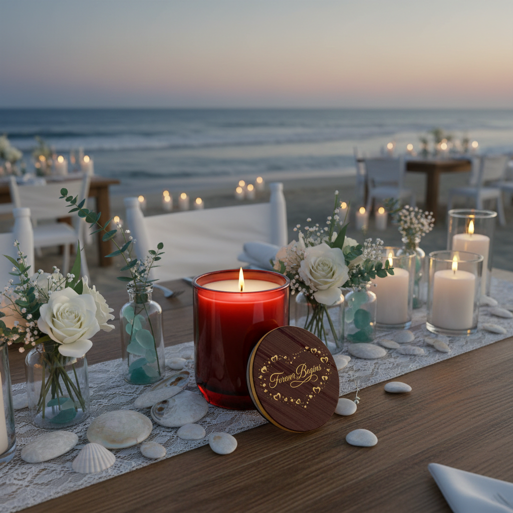 ECOWORTHPRO luxury destination large soy wedding candle 90 hour burning beautifully at sunset on the coast