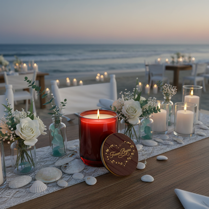 ECOWORTHPRO luxury destination large soy wedding candle 90 hour burning beautifully at sunset on the coast