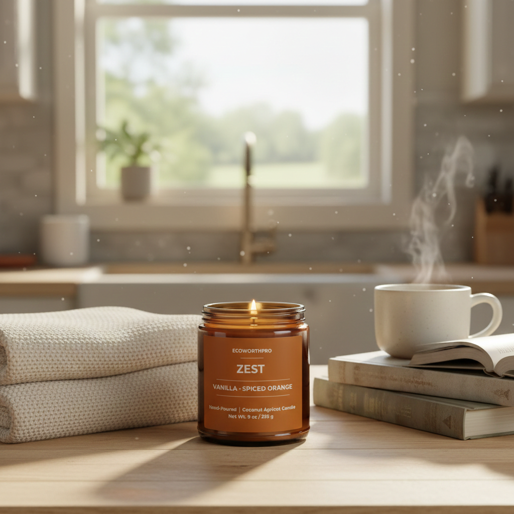 ECOWORTHPRO ZEST vanilla and spiced orange coconut apricot wax candle burning on kitchen worktop with cozy blanket