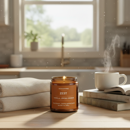 ECOWORTHPRO ZEST vanilla and spiced orange coconut apricot wax candle burning on kitchen worktop with cozy blanket