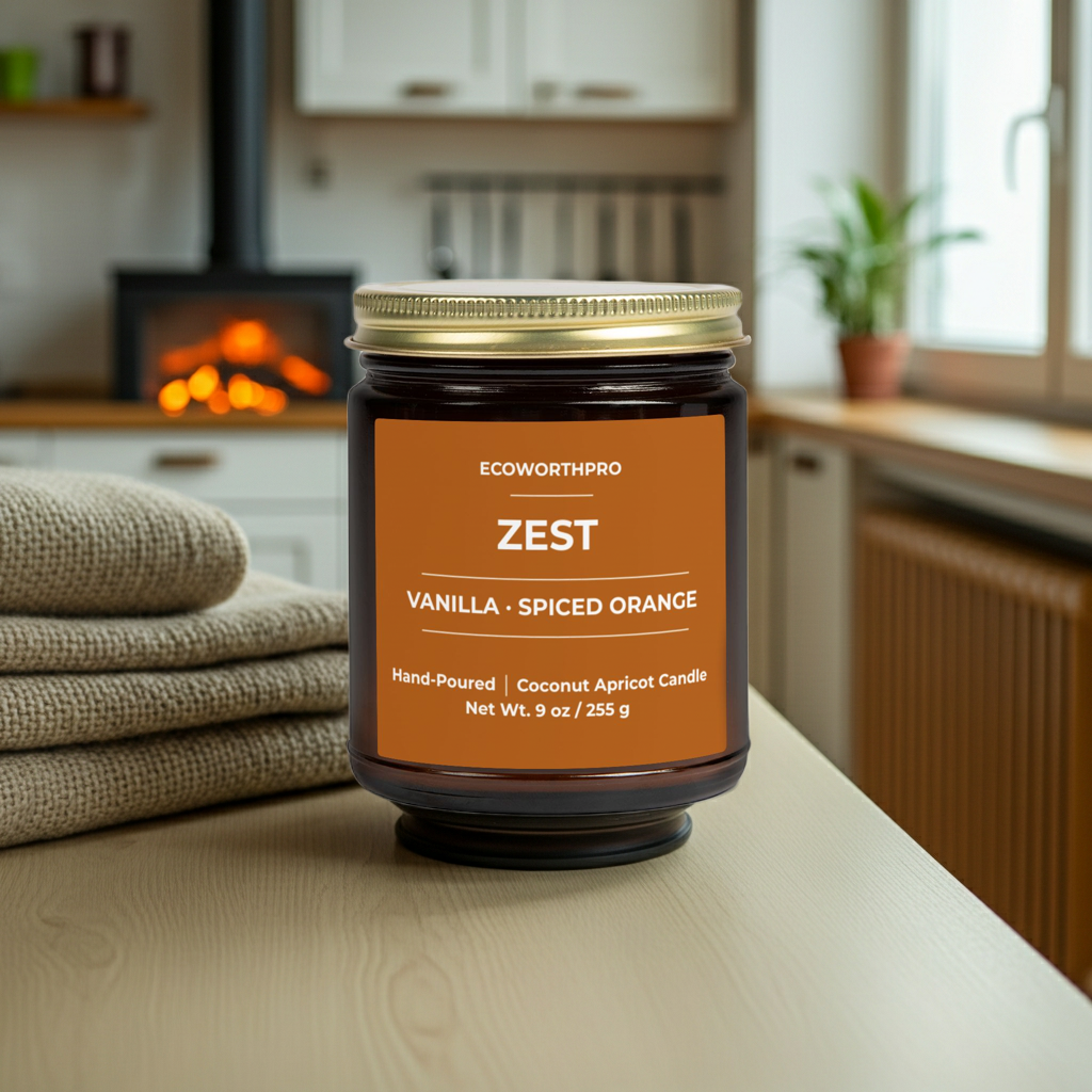 ECOWORTHPRO ZEST vanilla and spiced orange eco-friendly candle displayed on kitchen worktop with soft blankets