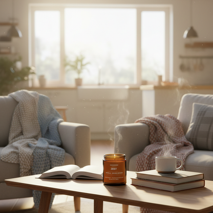 ECOWORTHPRO ZEST vanilla and spiced orange hand-poured candle burning beside blankets on a sofa in a cozy living room