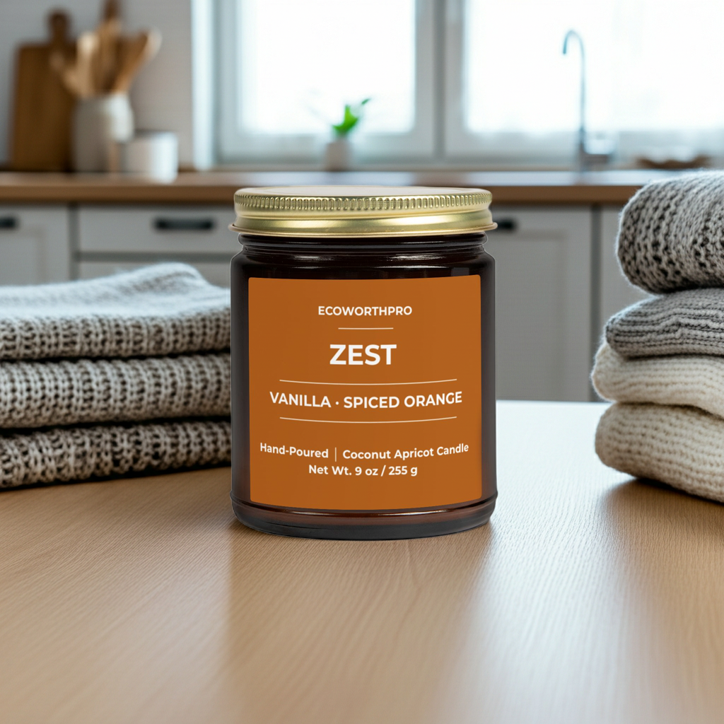ECOWORTHPRO ZEST vanilla and spiced orange large soy candle on kitchen worktop with cozy blankets