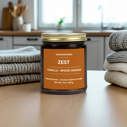 ECOWORTHPRO ZEST vanilla and spiced orange large soy candle on kitchen worktop with cozy blankets