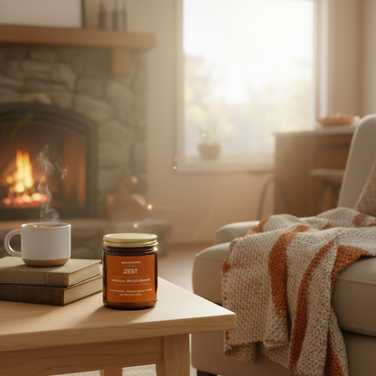 ECOWORTHPRO ZEST vanilla and spiced orange long-burning candle closed beside a fireplace in a cozy living room