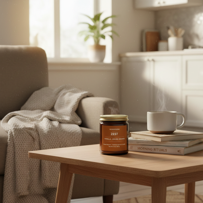ECOWORTHPRO ZEST vanilla and spiced orange natural coconut apricot wax candle in a cozy living room with blankets and sofa