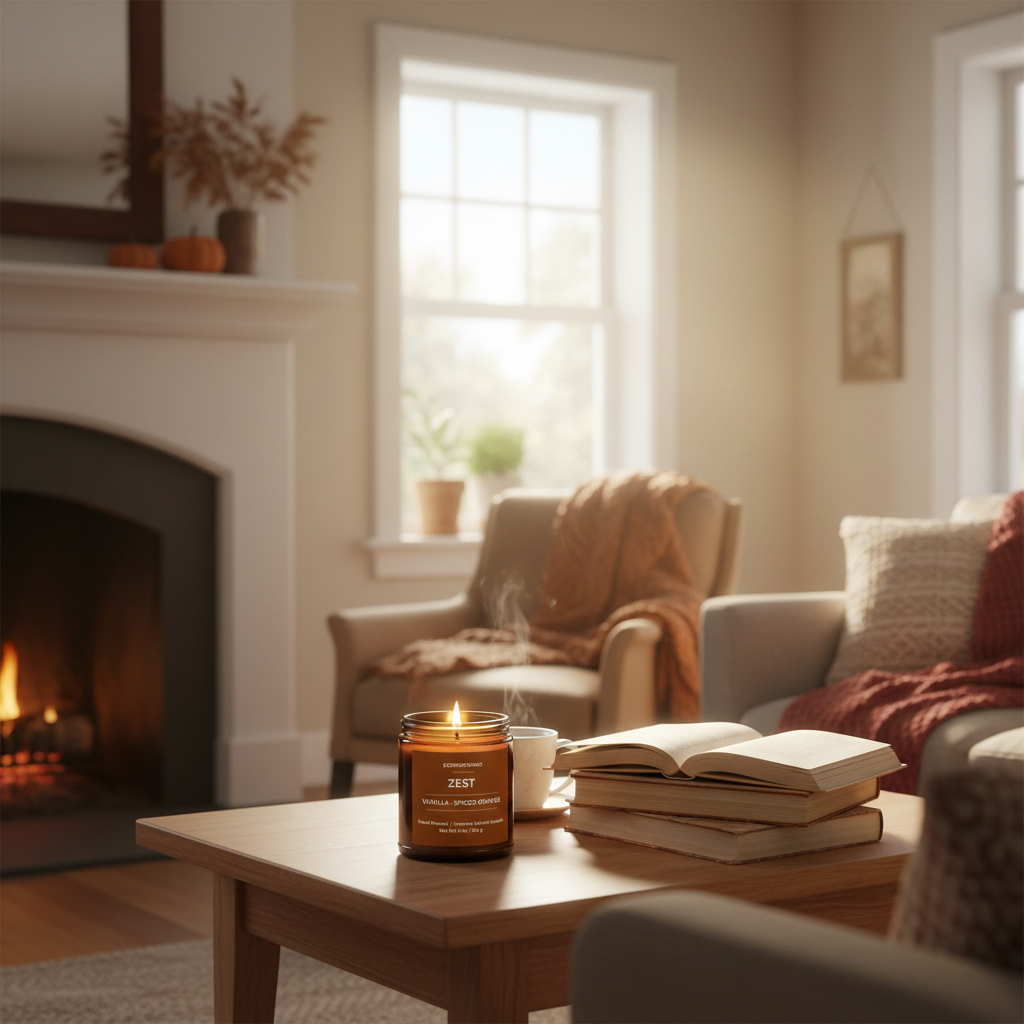 ECOWORTHPRO ZEST vanilla and spiced orange non-toxic candle glowing in a cozy living room with books, blankets and soft lighting