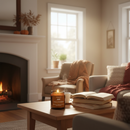 ECOWORTHPRO ZEST vanilla and spiced orange non-toxic candle glowing in a cozy living room with books, blankets and soft lighting