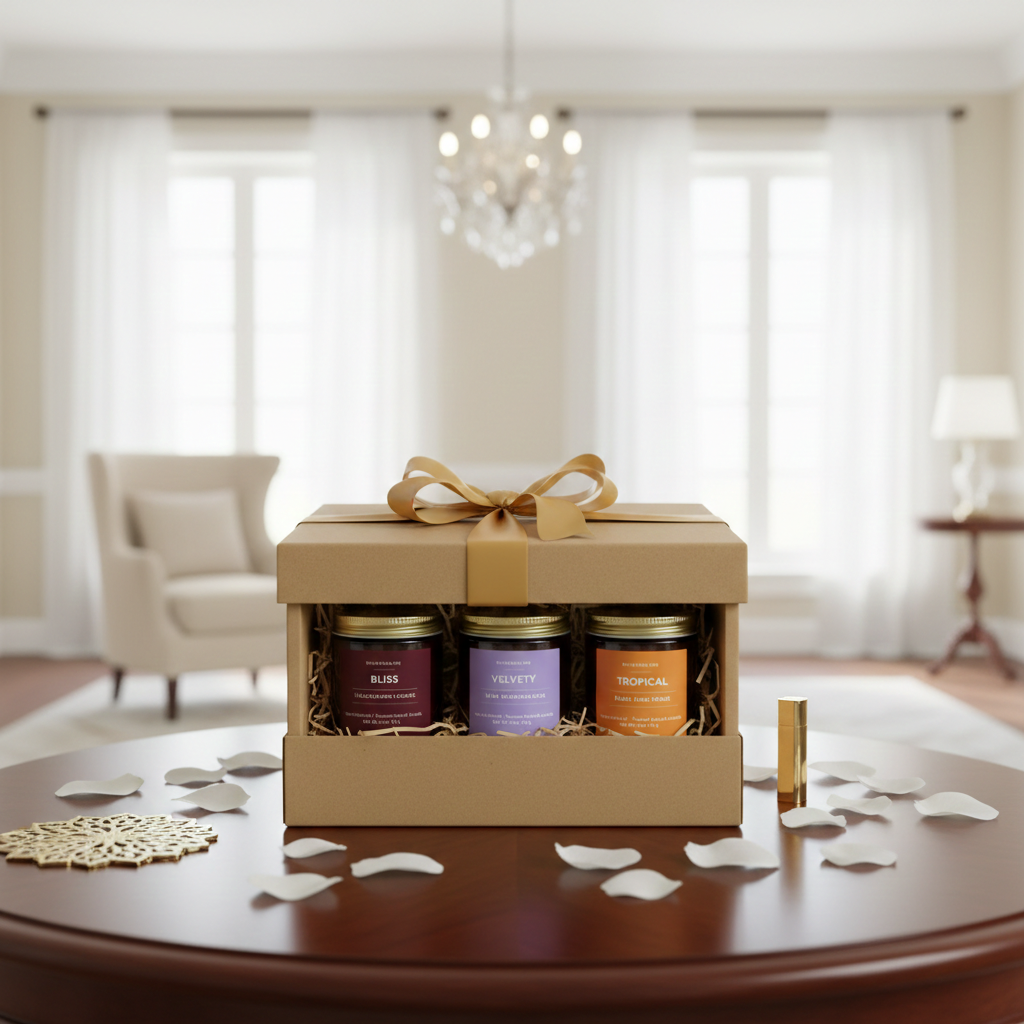 FOR HER HEART wellness candle gift set for women featuring tropical velvety and bliss scented soy style candles in gift box